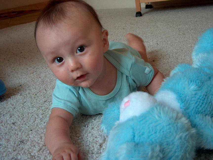 Alex and the fluffy blue teddy bear from Mary White.